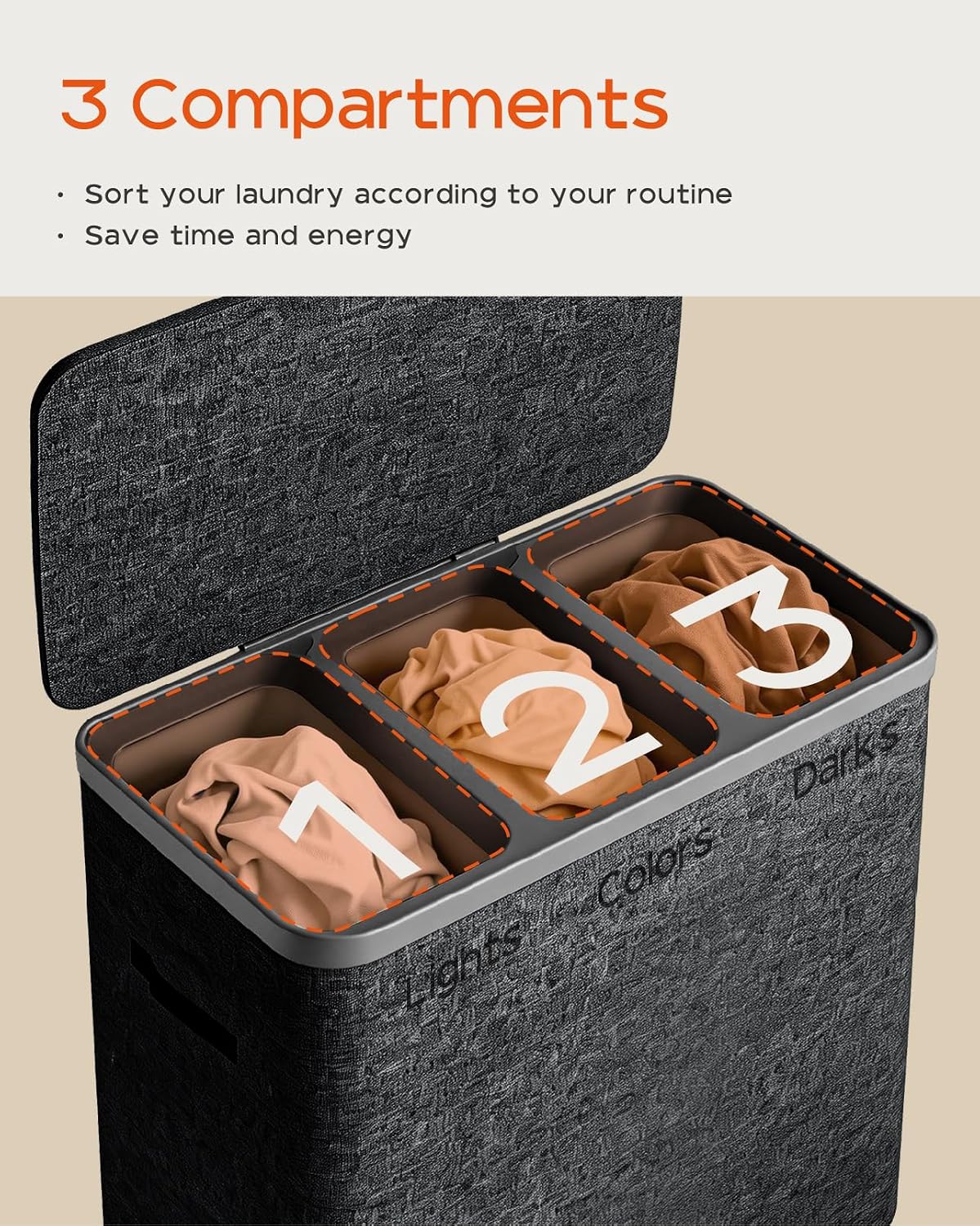Laundry Basket with Lid, Laundry Hamper 2 Section, 170L collapsible Laundry Organizer, Easy Assembly, with Handles and Removable Liners, 22 x 15.7 x 29.5 Inches, Beige JSP903M