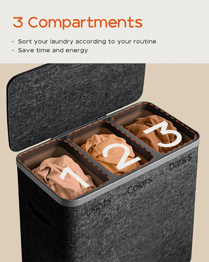 Laundry Basket with Lid, Laundry Hamper 2 Section, 170L collapsible Laundry Organizer, Easy Assembly, with Handles and Removable Liners, 22 x 15.7 x 29.5 Inches, Beige JSP903M