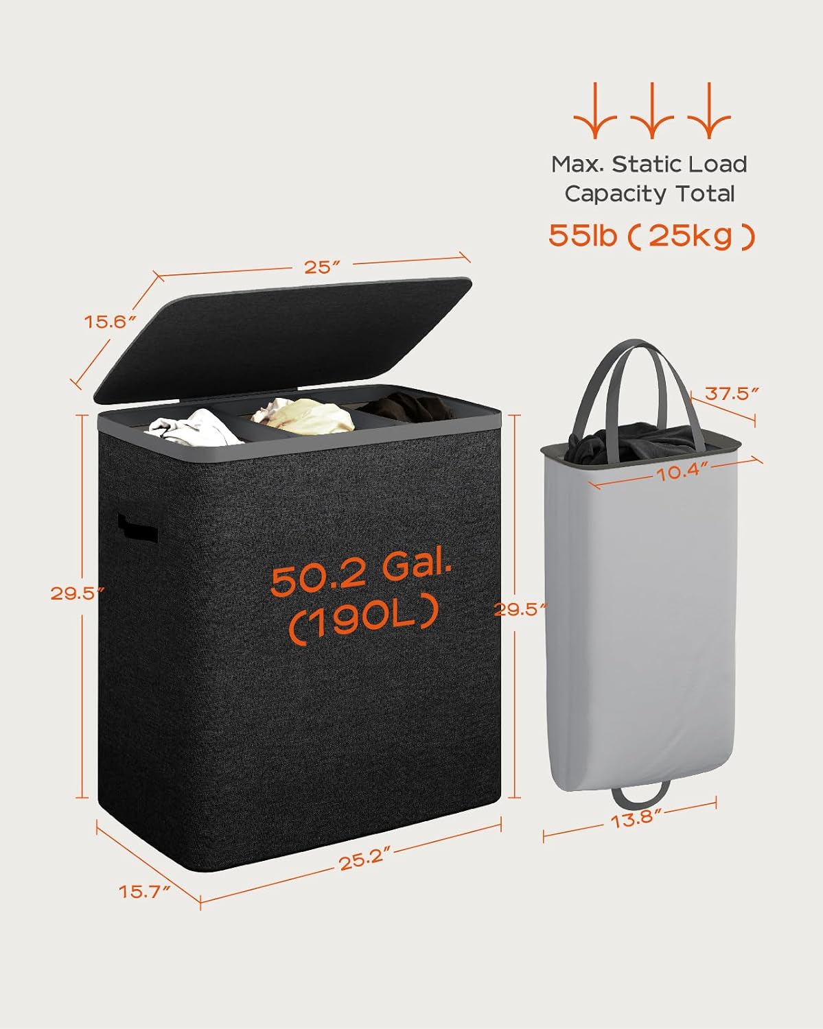 Laundry Basket with Lid, Laundry Hamper 2 Section, 170L collapsible Laundry Organizer, Easy Assembly, with Handles and Removable Liners, 22 x 15.7 x 29.5 Inches, Beige JSP903M