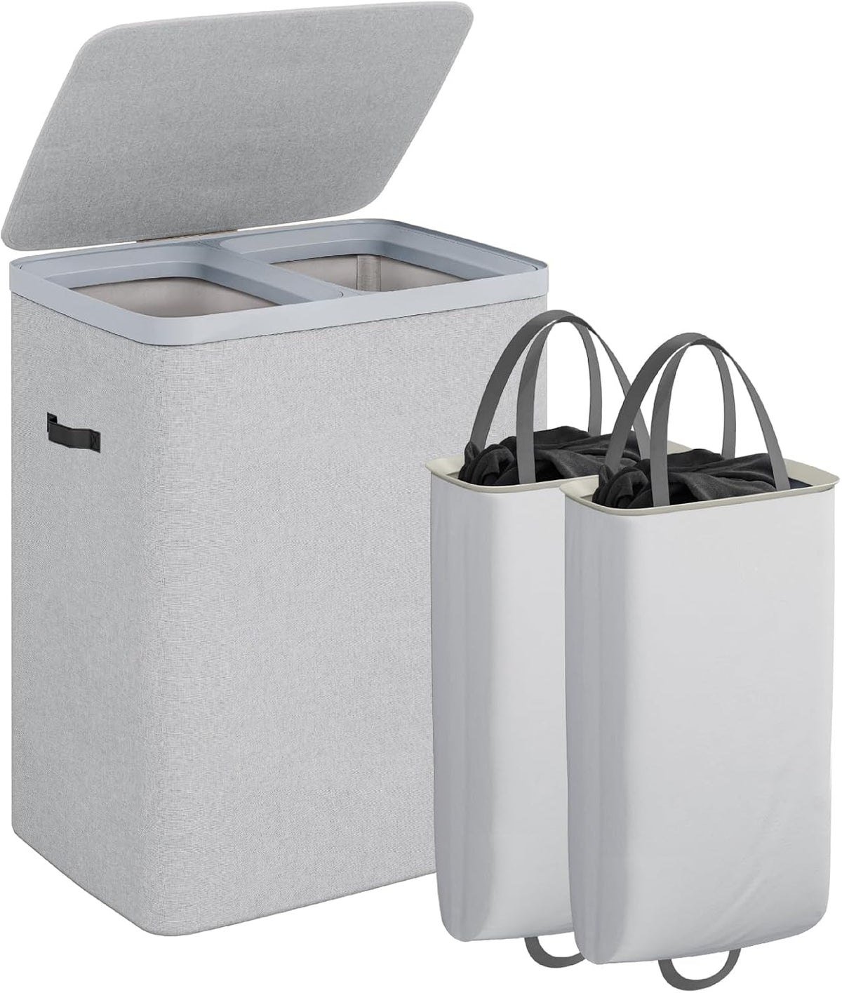 Laundry Basket with Lid, Laundry Hamper 2 Section, 170L collapsible Laundry Organizer, Easy Assembly, with Handles and Removable Liners, 22 x 15.7 x 29.5 Inches, Beige JSP903M