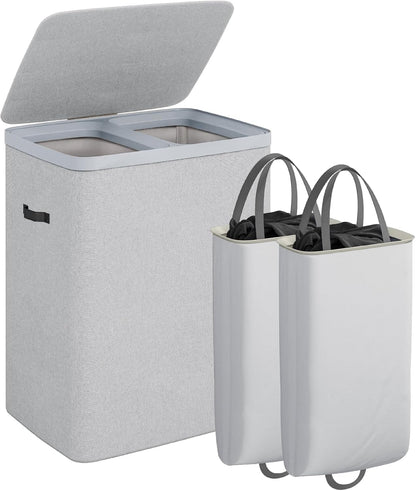 Laundry Basket with Lid, Laundry Hamper 2 Section, 170L collapsible Laundry Organizer, Easy Assembly, with Handles and Removable Liners, 22 x 15.7 x 29.5 Inches, Beige JSP903M