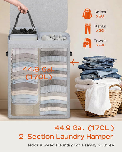 Laundry Basket with Lid, Laundry Hamper 2 Section, 170L collapsible Laundry Organizer, Easy Assembly, with Handles and Removable Liners, 22 x 15.7 x 29.5 Inches, Beige JSP903M
