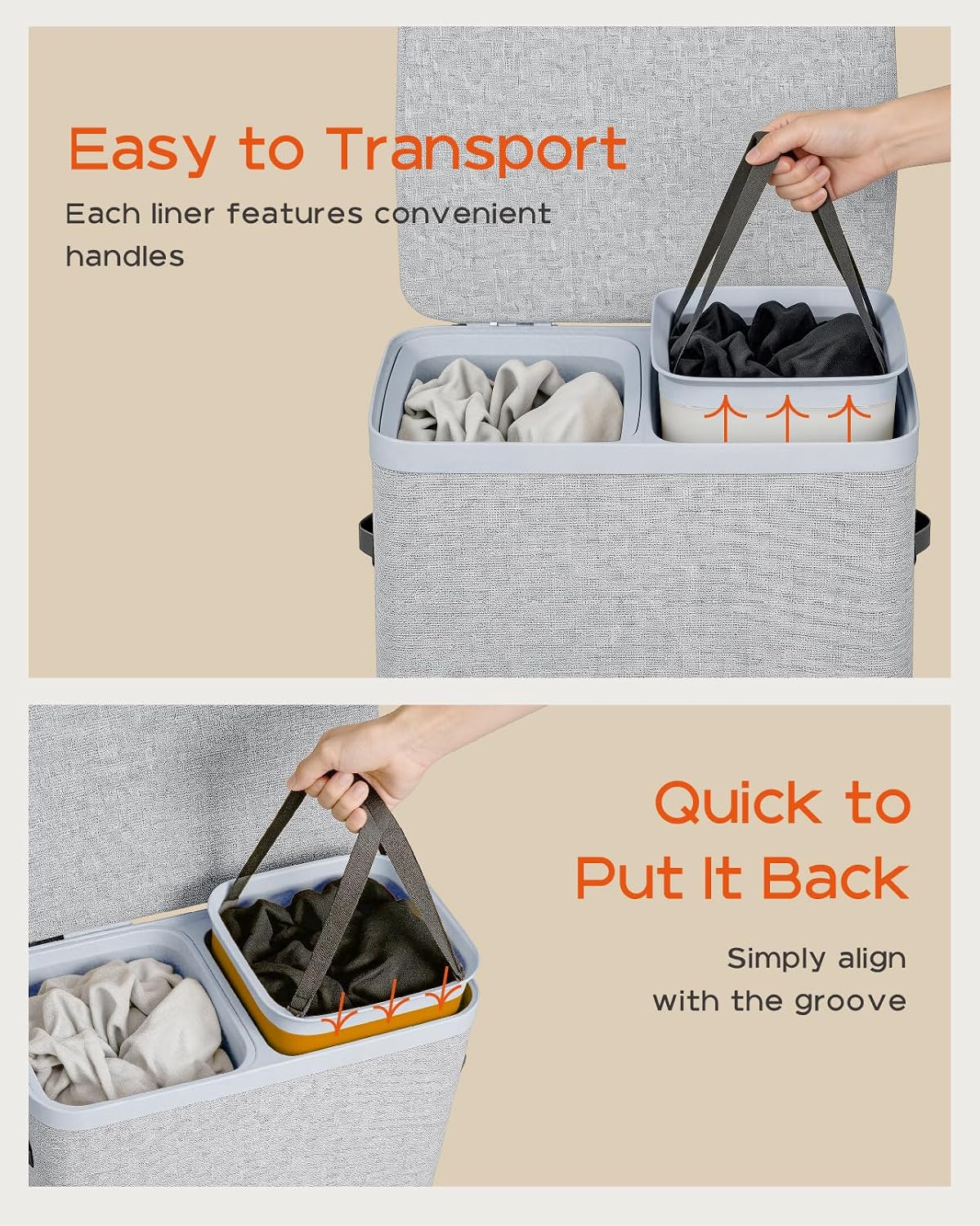 Laundry Basket with Lid, Laundry Hamper 2 Section, 170L collapsible Laundry Organizer, Easy Assembly, with Handles and Removable Liners, 22 x 15.7 x 29.5 Inches, Beige JSP903M