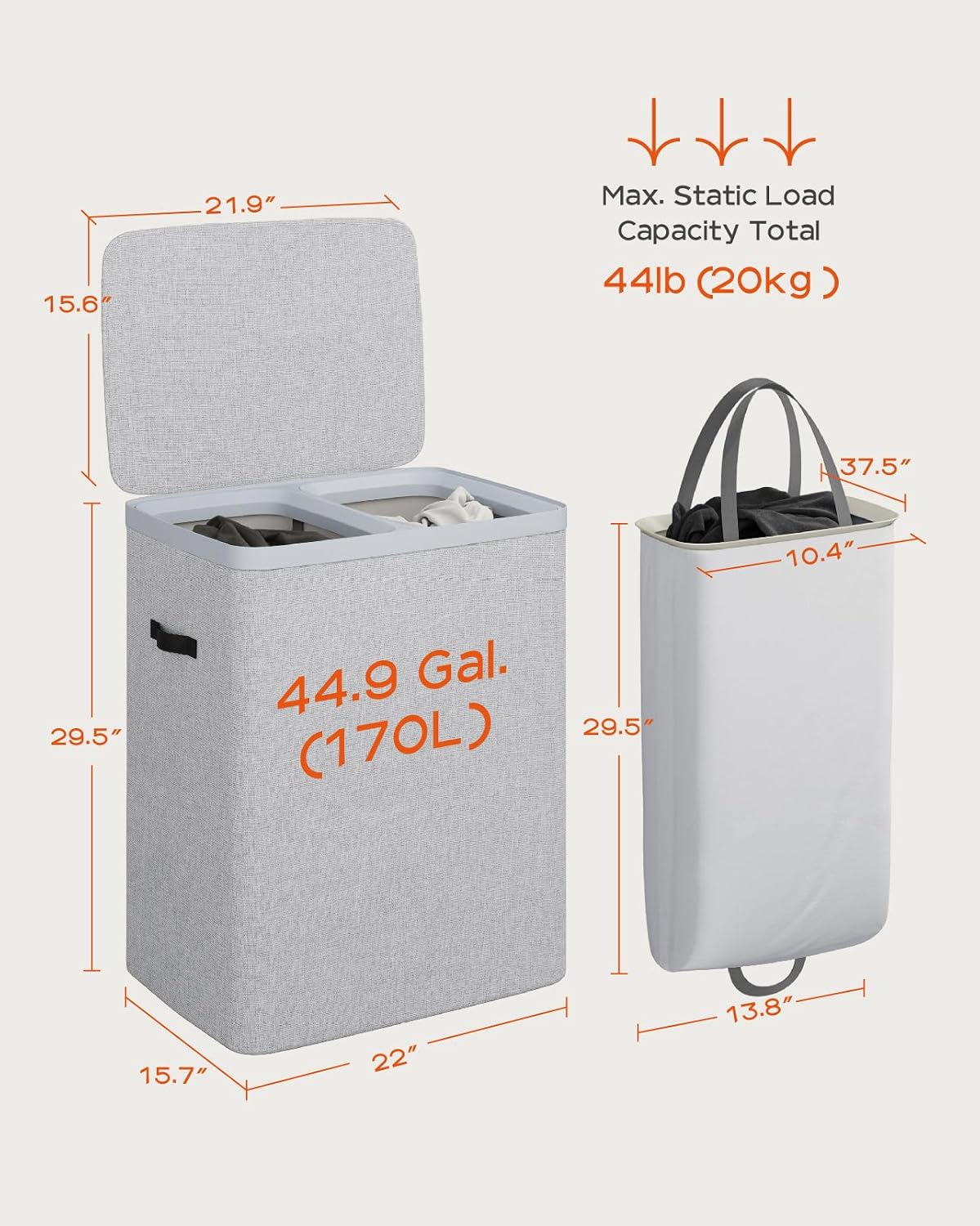 Laundry Basket with Lid, Laundry Hamper 2 Section, 170L collapsible Laundry Organizer, Easy Assembly, with Handles and Removable Liners, 22 x 15.7 x 29.5 Inches, Beige JSP903M