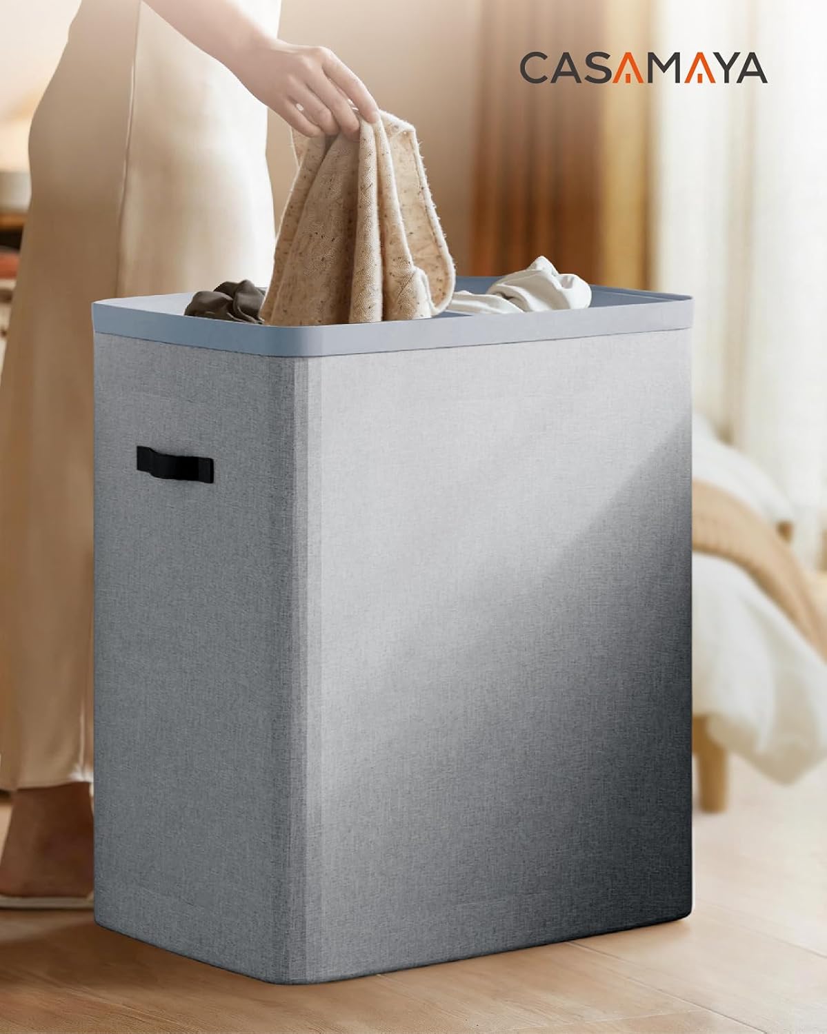 Laundry Basket with Lid, Laundry Hamper 2 Section, 170L collapsible Laundry Organizer, Easy Assembly, with Handles and Removable Liners, 22 x 15.7 x 29.5 Inches, Beige JSP903M