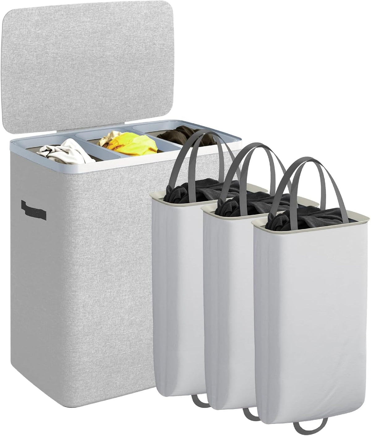 Laundry Basket with Lid, Laundry Hamper 2 Section, 170L collapsible Laundry Organizer, Easy Assembly, with Handles and Removable Liners, 22 x 15.7 x 29.5 Inches, Beige JSP903M
