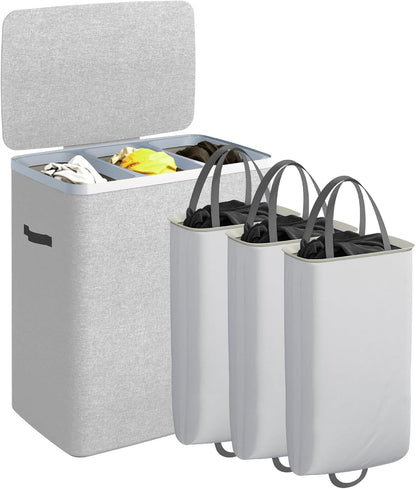 Laundry Basket with Lid, Laundry Hamper 2 Section, 170L collapsible Laundry Organizer, Easy Assembly, with Handles and Removable Liners, 22 x 15.7 x 29.5 Inches, Beige JSP903M