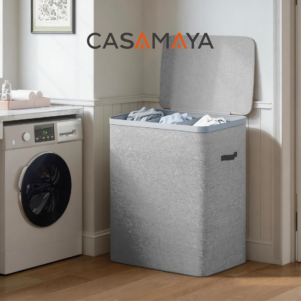 Laundry Basket with Lid, Laundry Hamper 2 Section, 170L collapsible Laundry Organizer, Easy Assembly, with Handles and Removable Liners, 22 x 15.7 x 29.5 Inches, Beige JSP903M