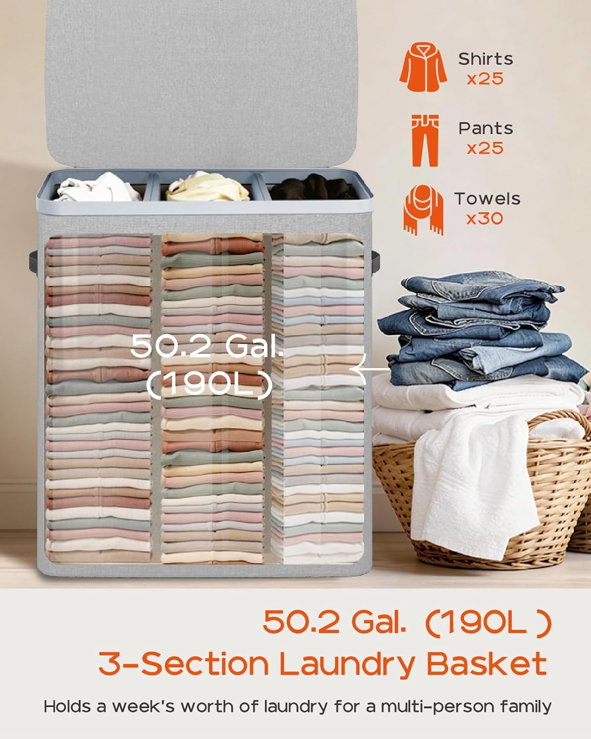 Laundry Basket with Lid, Laundry Hamper 2 Section, 170L collapsible Laundry Organizer, Easy Assembly, with Handles and Removable Liners, 22 x 15.7 x 29.5 Inches, Beige JSP903M