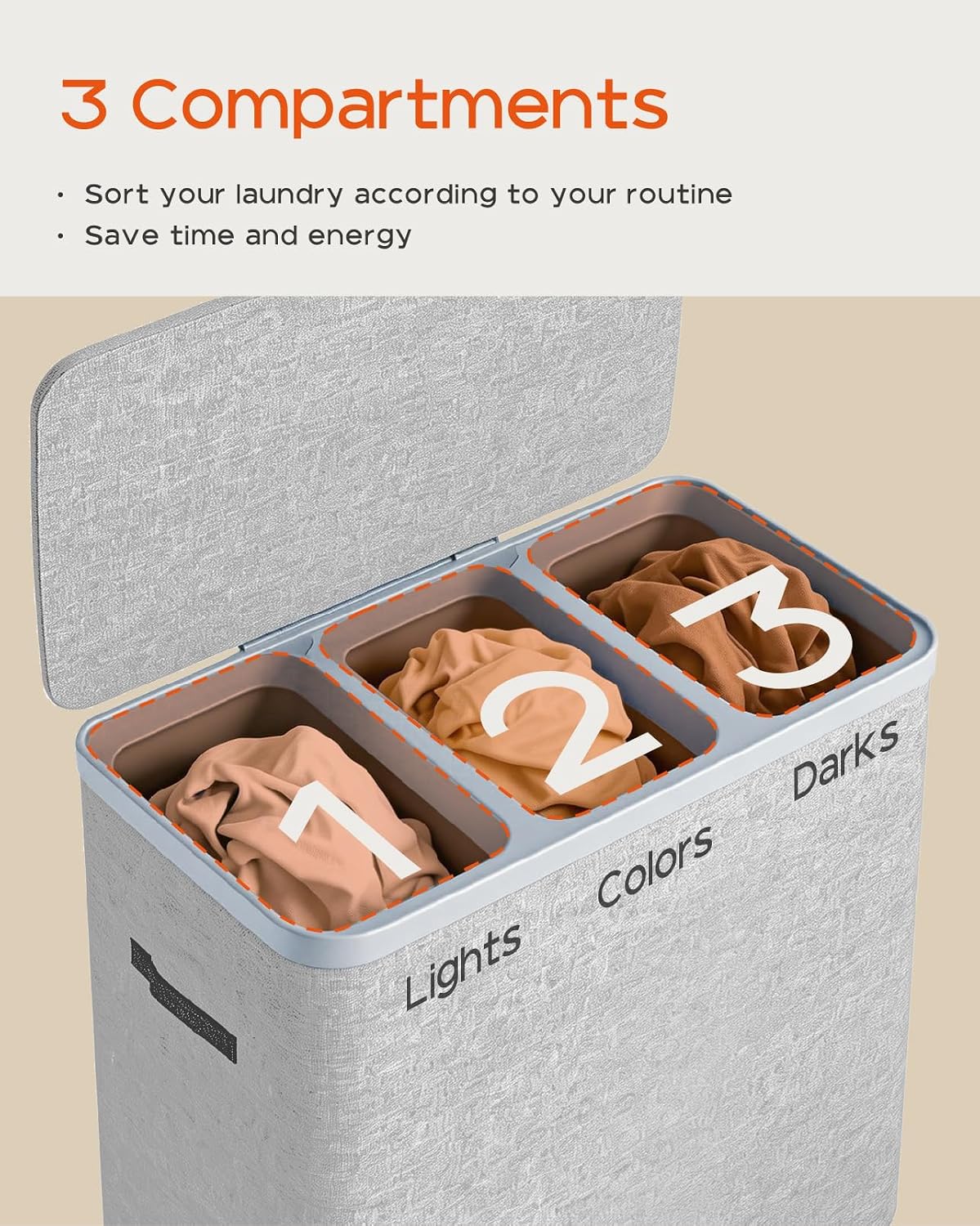 Laundry Basket with Lid, Laundry Hamper 2 Section, 170L collapsible Laundry Organizer, Easy Assembly, with Handles and Removable Liners, 22 x 15.7 x 29.5 Inches, Beige JSP903M