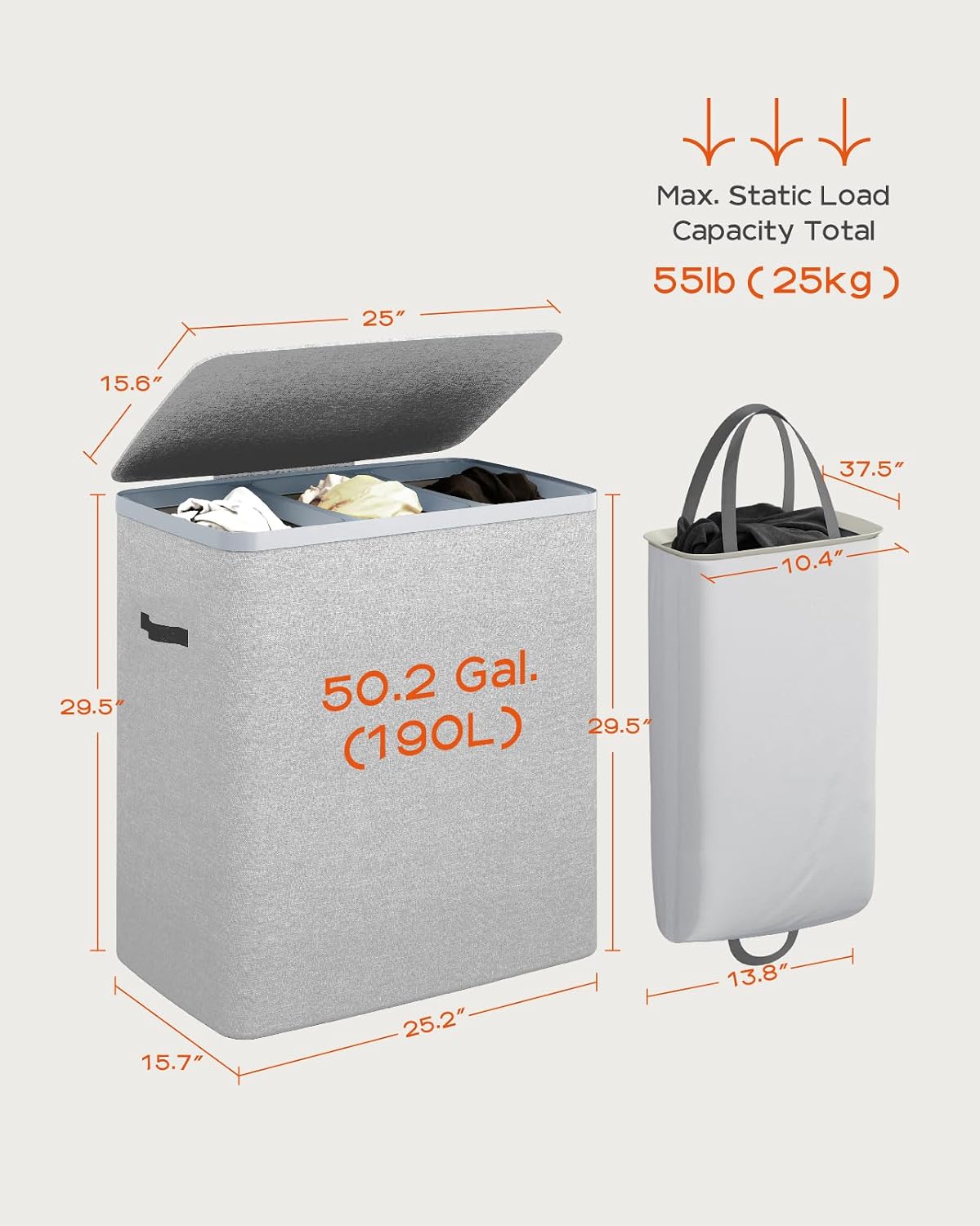 Laundry Basket with Lid, Laundry Hamper 2 Section, 170L collapsible Laundry Organizer, Easy Assembly, with Handles and Removable Liners, 22 x 15.7 x 29.5 Inches, Beige JSP903M