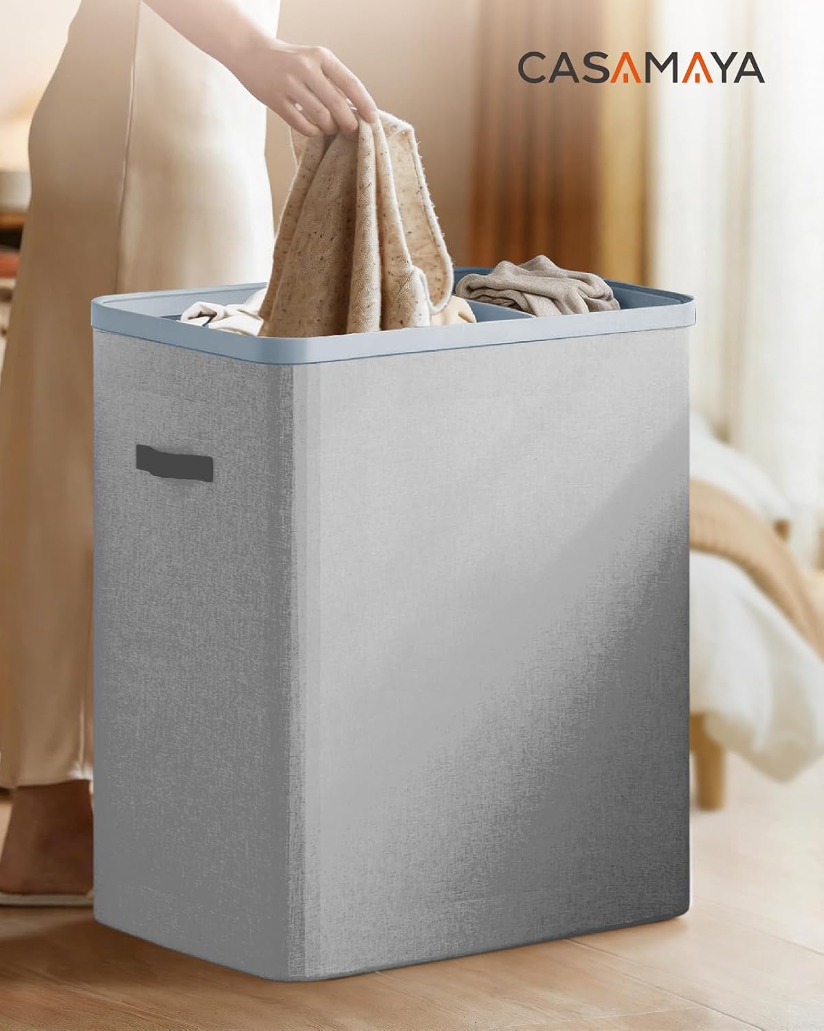 Laundry Basket with Lid, Laundry Hamper 2 Section, 170L collapsible Laundry Organizer, Easy Assembly, with Handles and Removable Liners, 22 x 15.7 x 29.5 Inches, Beige JSP903M