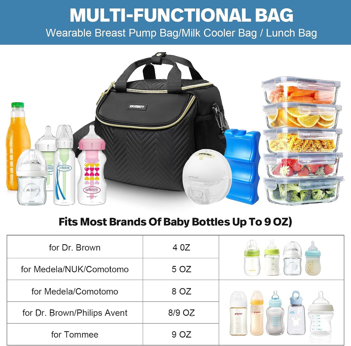 Wearable Breast Pump Bag,Breastmilk Cooler Travel Bag Compatible with Momcozy/Eufy/Paruu/Elvie/Willow/Medela Breast Pump with Ice Pack and Water Resistent Mat for 6 Baby Bottles Up to 9 Ounce,Black