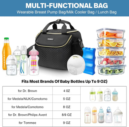 Wearable Breast Pump Bag,Breastmilk Cooler Travel Bag Compatible with Momcozy/Eufy/Paruu/Elvie/Willow/Medela Breast Pump with Ice Pack and Water Resistent Mat for 6 Baby Bottles Up to 9 Ounce,Black