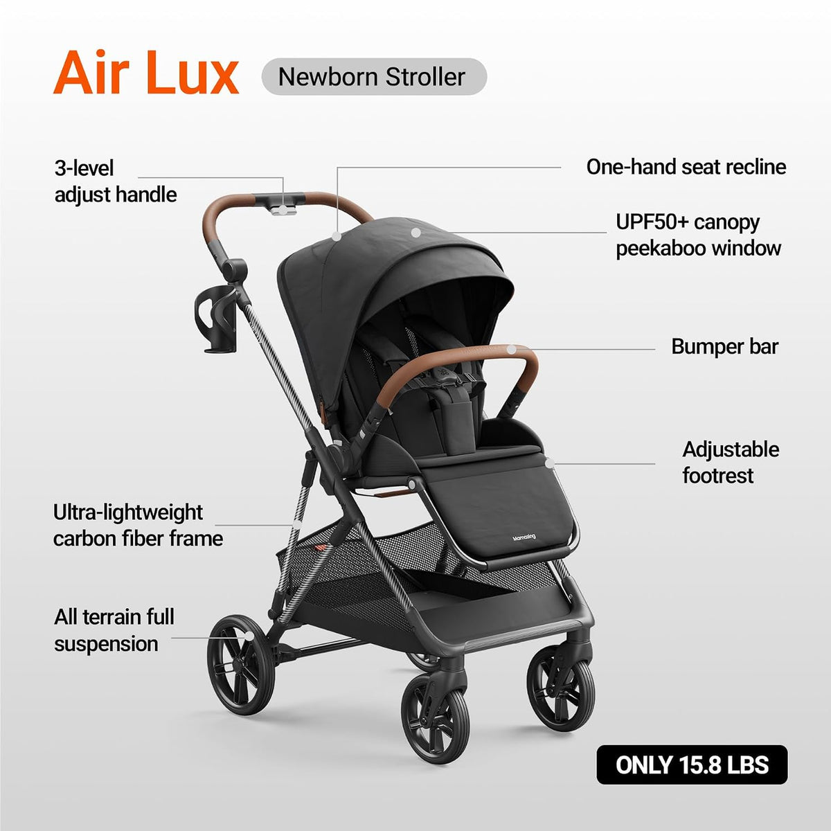 Air Lux Carbon Fiber Baby Stroller with 3-in-1 Universal Snack Tray - Bundle