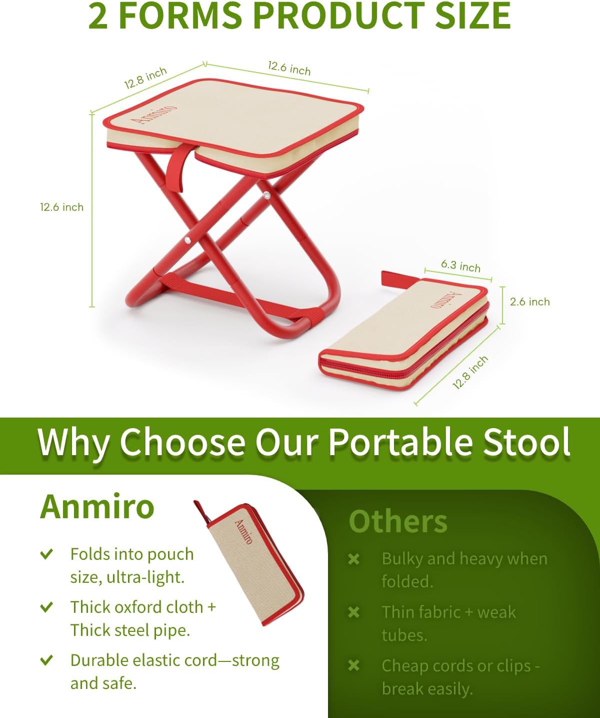 Portable Folding Camping Stool, 12.6 Inch Lightweight Mountaineering Hiking Stool, Outdoor Beach Fishing Garden Foldable Stool with Carry Bag, Supports Up to 200LB