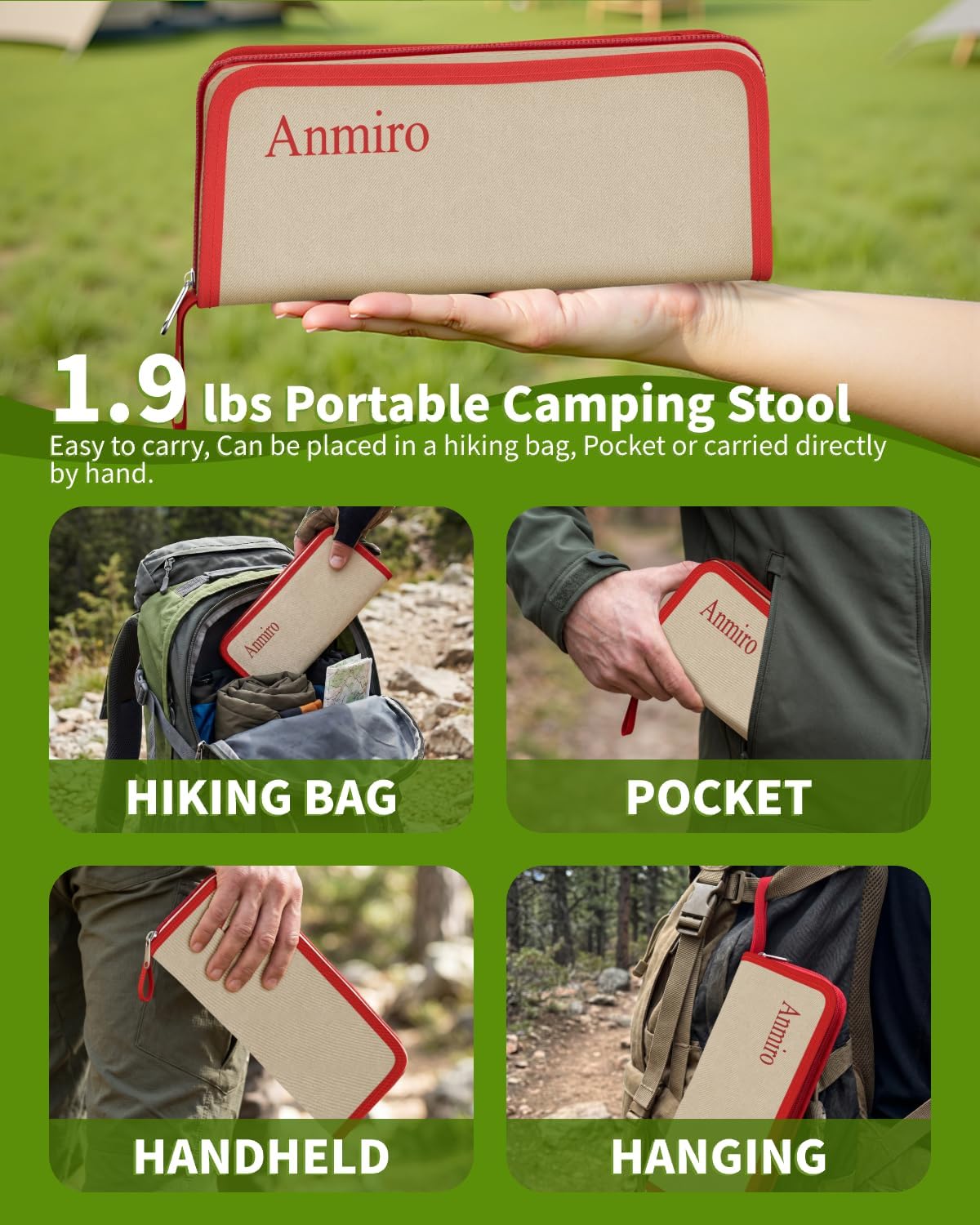 Portable Folding Camping Stool, 12.6 Inch Lightweight Mountaineering Hiking Stool, Outdoor Beach Fishing Garden Foldable Stool with Carry Bag, Supports Up to 200LB