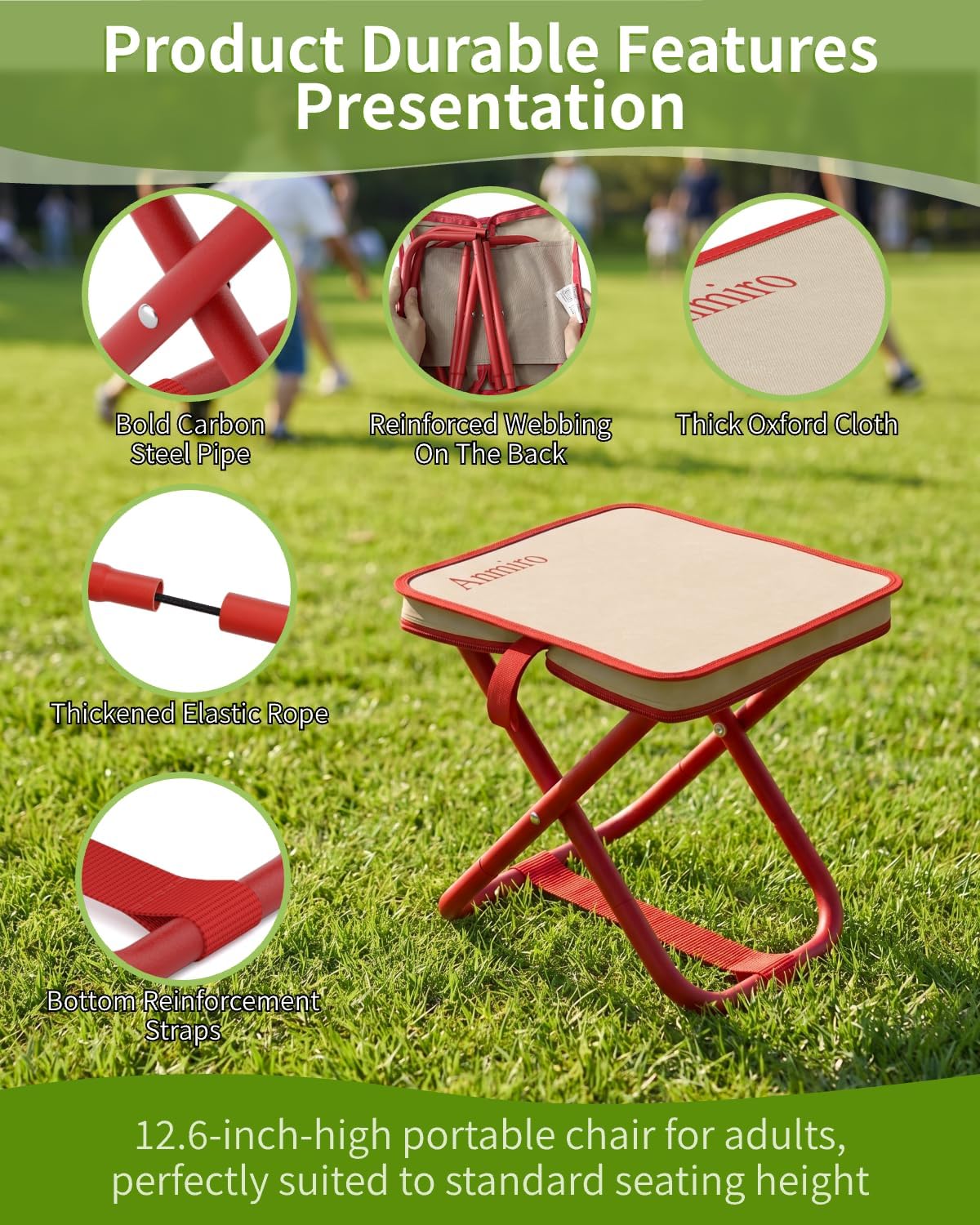 Portable Folding Camping Stool, 12.6 Inch Lightweight Mountaineering Hiking Stool, Outdoor Beach Fishing Garden Foldable Stool with Carry Bag, Supports Up to 200LB