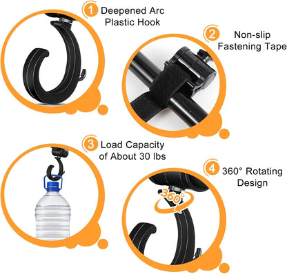 4 Pcs Walker Hooks Wheelchair Hanging Hooks 360° Rotation Stroller Hooks Stroller Hanger Diaper Bag Hanger Stroller Bags Purse Organizer Stroller Wheelchair Walker Accessories