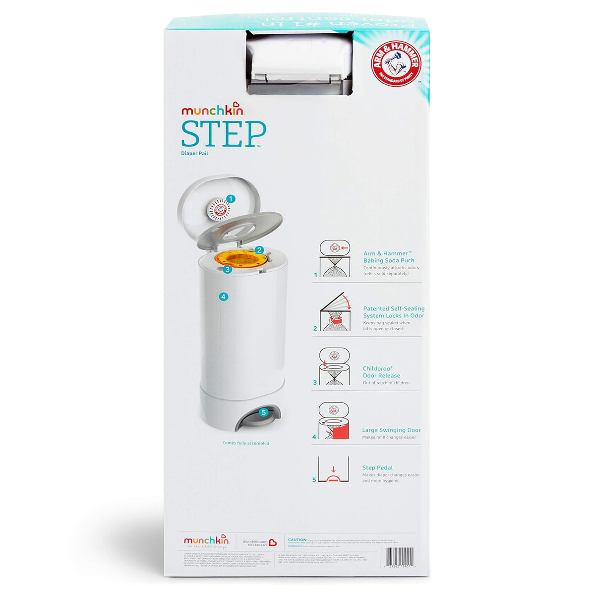 ® STEP™ Diaper Pail Powered by Arm & Hammer, #1 in Odor Control, Award-Winning, Includes 1 Snap, Seal & Toss™ Bag, 1 Starter Refill Ring, and 1 PUCK™ Baking Soda Cartridge