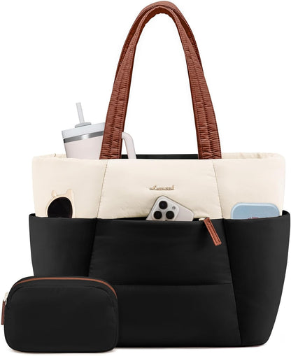 Puffer Tote Bag with 40oz Cup Holder Laptop Work Bag for Women | Lightweight Puffy Bag,Shoulder Bag for Teacher/Nurse,Includes Cosmetic Pouch,Everyday Carry & Travel Ready