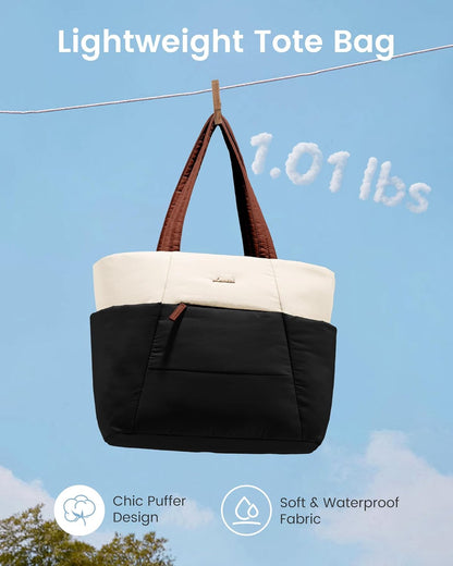 Puffer Tote Bag with 40oz Cup Holder Laptop Work Bag for Women | Lightweight Puffy Bag,Shoulder Bag for Teacher/Nurse,Includes Cosmetic Pouch,Everyday Carry & Travel Ready