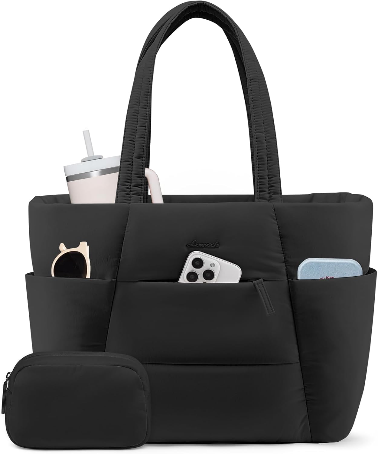 Puffer Tote Bag with 40oz Cup Holder Laptop Work Bag for Women | Lightweight Puffy Bag,Shoulder Bag for Teacher/Nurse,Includes Cosmetic Pouch,Everyday Carry & Travel Ready
