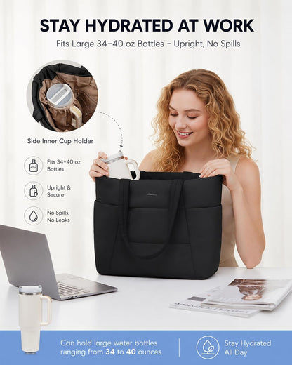 Puffer Tote Bag with 40oz Cup Holder Laptop Work Bag for Women | Lightweight Puffy Bag,Shoulder Bag for Teacher/Nurse,Includes Cosmetic Pouch,Everyday Carry & Travel Ready