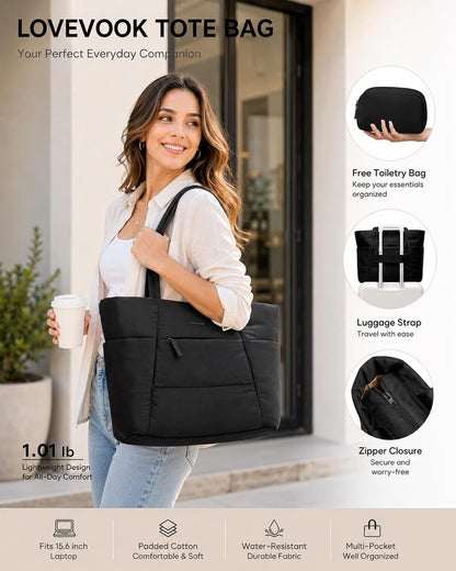 Puffer Tote Bag with 40oz Cup Holder Laptop Work Bag for Women | Lightweight Puffy Bag,Shoulder Bag for Teacher/Nurse,Includes Cosmetic Pouch,Everyday Carry & Travel Ready