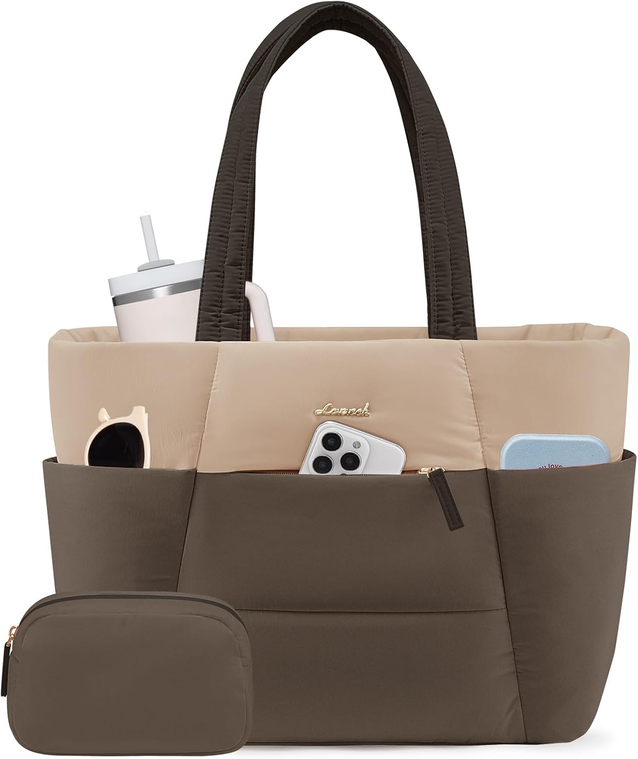 Puffer Tote Bag with 40oz Cup Holder Laptop Work Bag for Women | Lightweight Puffy Bag,Shoulder Bag for Teacher/Nurse,Includes Cosmetic Pouch,Everyday Carry & Travel Ready