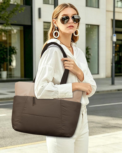 Puffer Tote Bag with 40oz Cup Holder Laptop Work Bag for Women | Lightweight Puffy Bag,Shoulder Bag for Teacher/Nurse,Includes Cosmetic Pouch,Everyday Carry & Travel Ready