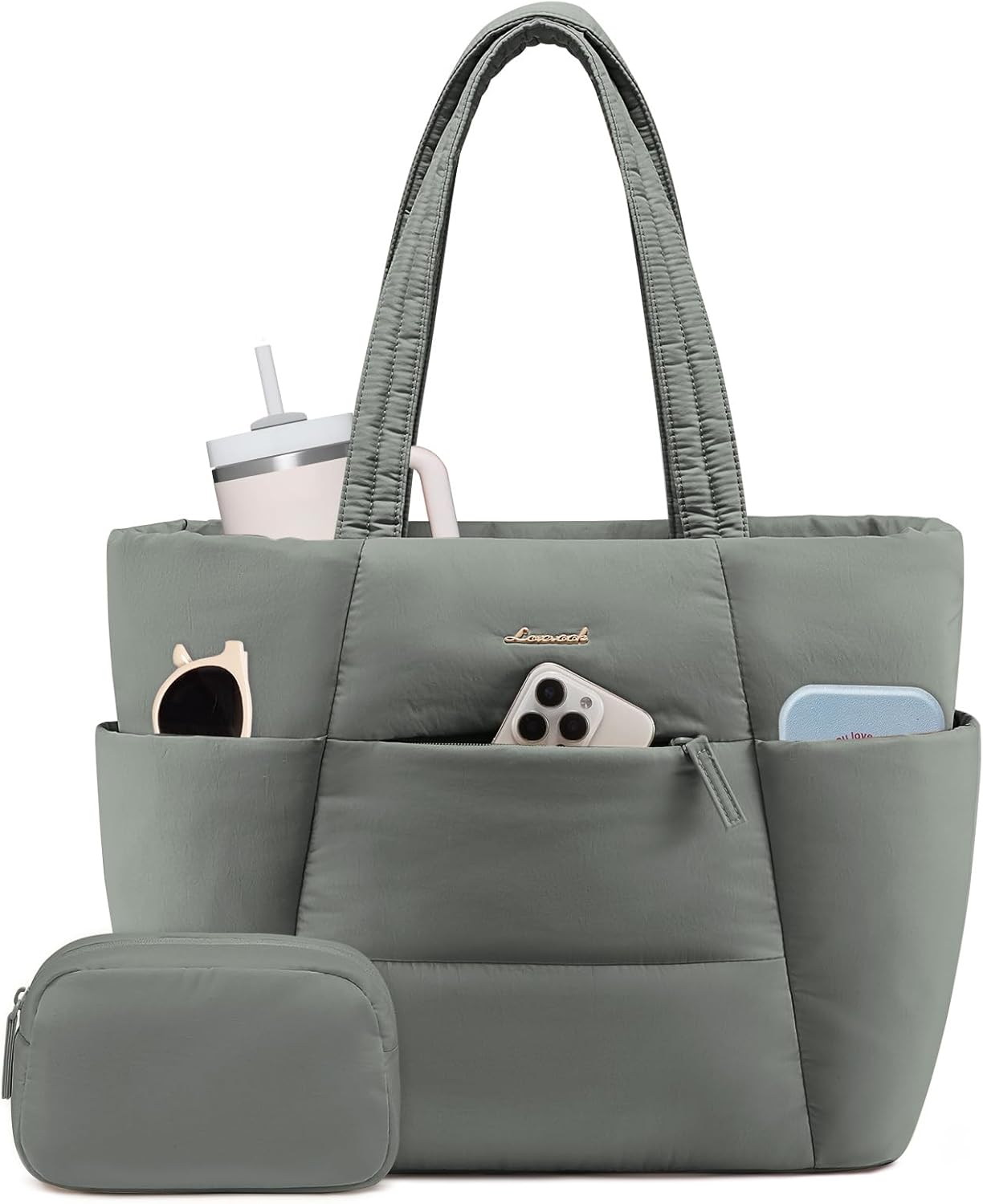 Puffer Tote Bag with 40oz Cup Holder Laptop Work Bag for Women | Lightweight Puffy Bag,Shoulder Bag for Teacher/Nurse,Includes Cosmetic Pouch,Everyday Carry & Travel Ready