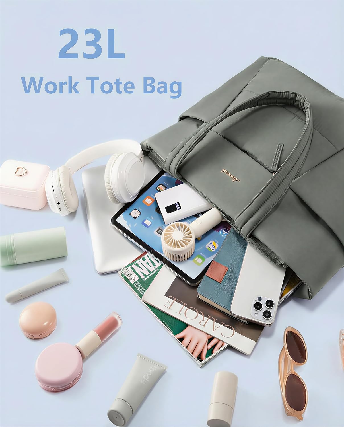 Puffer Tote Bag with 40oz Cup Holder Laptop Work Bag for Women | Lightweight Puffy Bag,Shoulder Bag for Teacher/Nurse,Includes Cosmetic Pouch,Everyday Carry & Travel Ready