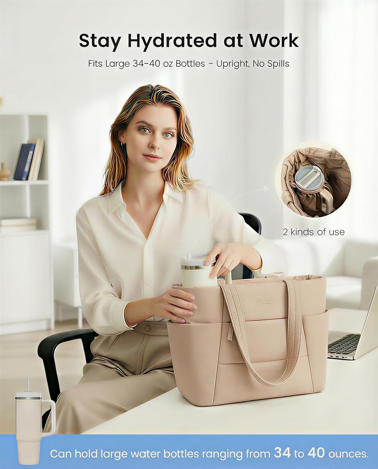 Puffer Tote Bag with 40oz Cup Holder Laptop Work Bag for Women | Lightweight Puffy Bag,Shoulder Bag for Teacher/Nurse,Includes Cosmetic Pouch,Everyday Carry & Travel Ready