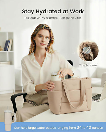 Puffer Tote Bag with 40oz Cup Holder Laptop Work Bag for Women | Lightweight Puffy Bag,Shoulder Bag for Teacher/Nurse,Includes Cosmetic Pouch,Everyday Carry & Travel Ready