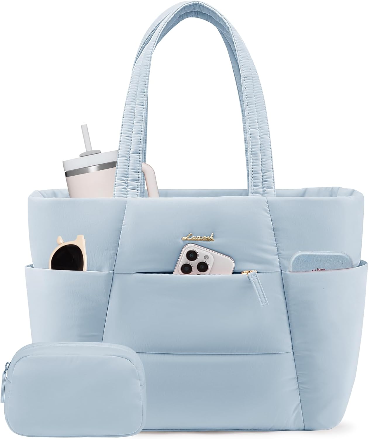 Puffer Tote Bag with 40oz Cup Holder Laptop Work Bag for Women | Lightweight Puffy Bag,Shoulder Bag for Teacher/Nurse,Includes Cosmetic Pouch,Everyday Carry & Travel Ready