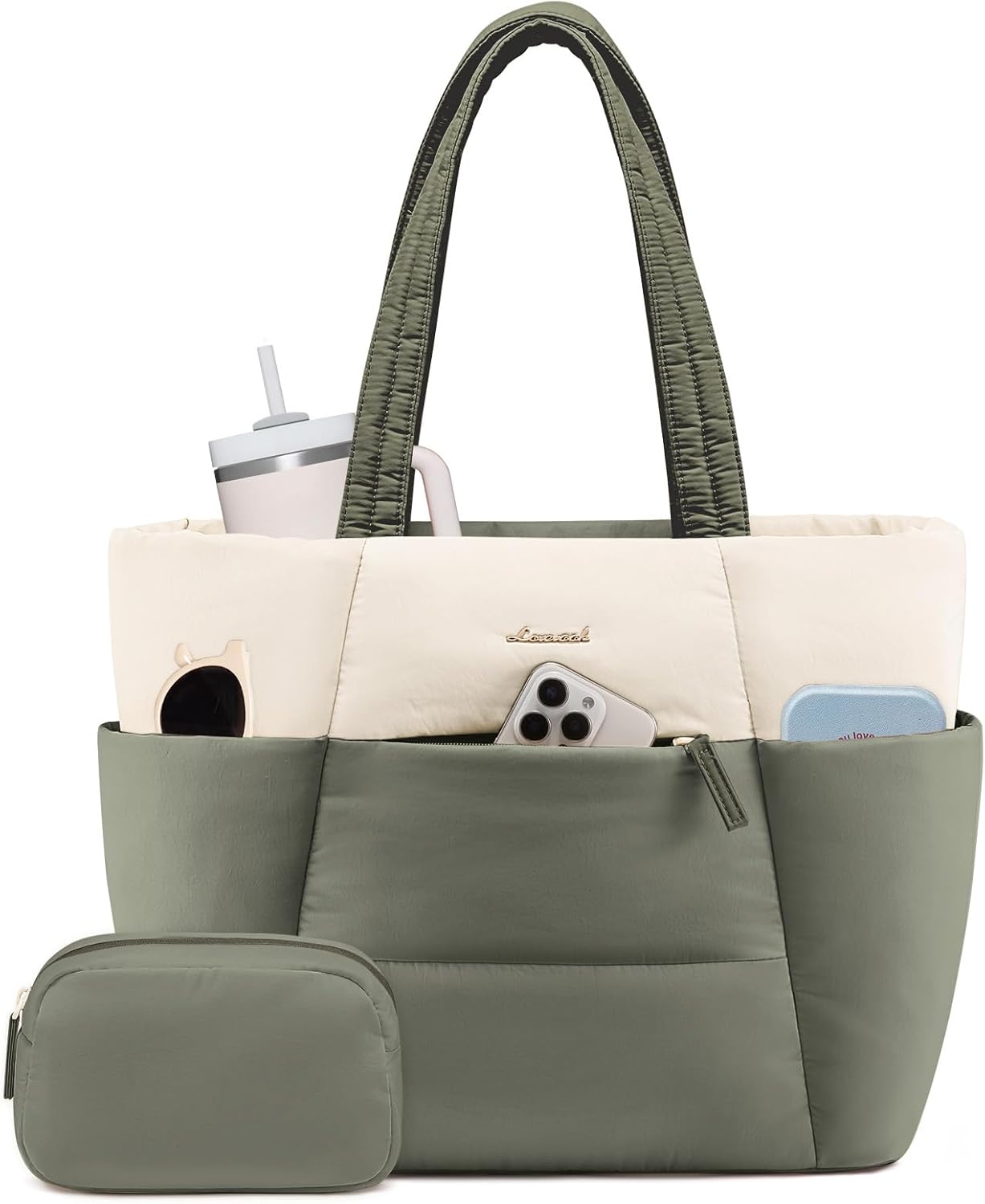 Puffer Tote Bag with 40oz Cup Holder Laptop Work Bag for Women | Lightweight Puffy Bag,Shoulder Bag for Teacher/Nurse,Includes Cosmetic Pouch,Everyday Carry & Travel Ready