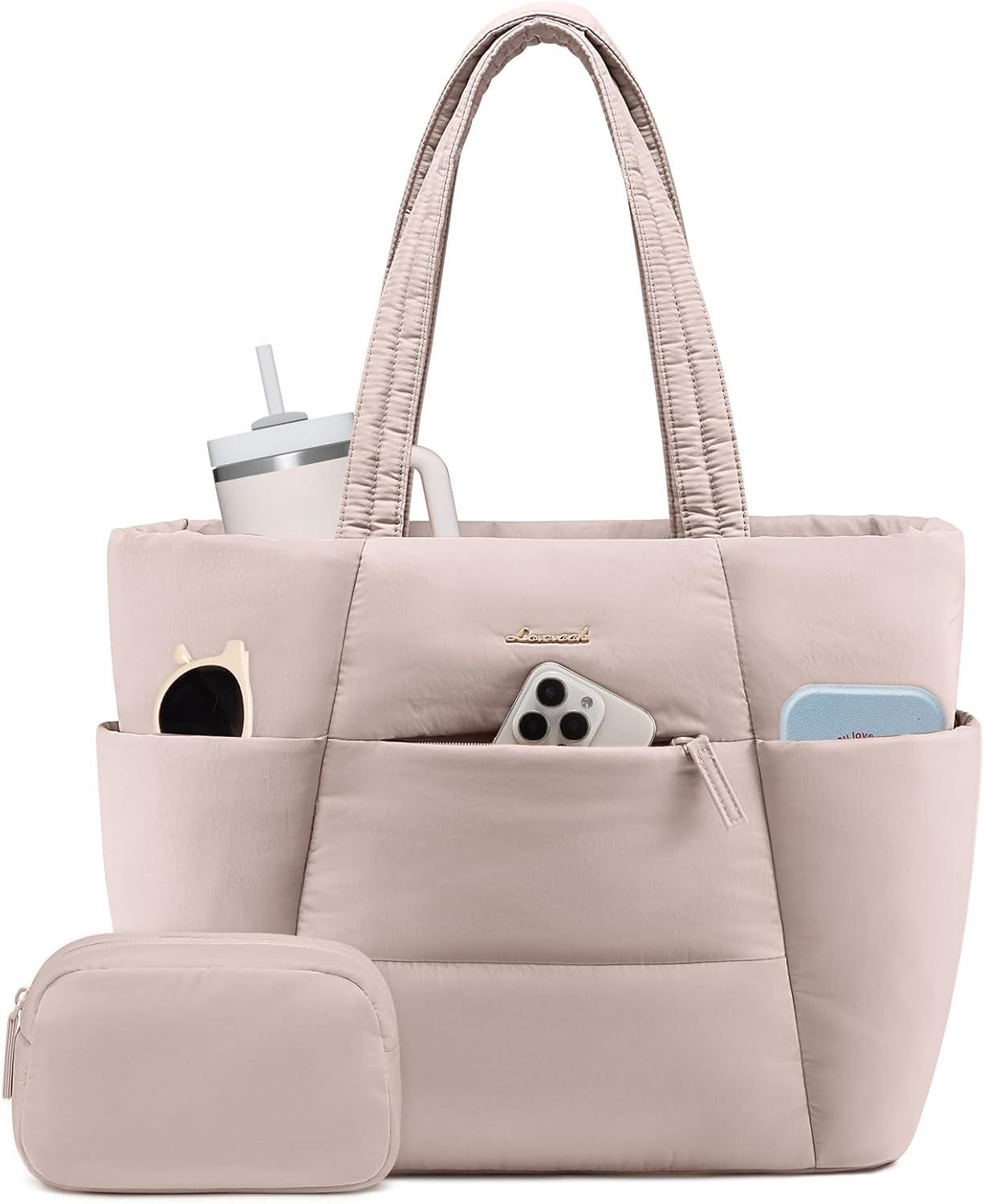 Puffer Tote Bag with 40oz Cup Holder Laptop Work Bag for Women | Lightweight Puffy Bag,Shoulder Bag for Teacher/Nurse,Includes Cosmetic Pouch,Everyday Carry & Travel Ready