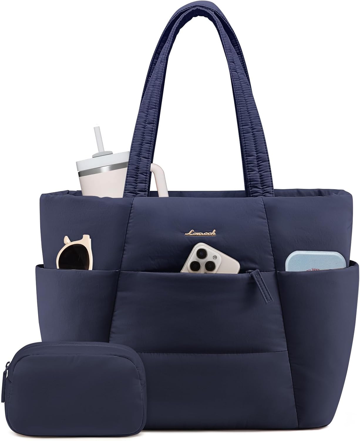 Puffer Tote Bag with 40oz Cup Holder Laptop Work Bag for Women | Lightweight Puffy Bag,Shoulder Bag for Teacher/Nurse,Includes Cosmetic Pouch,Everyday Carry & Travel Ready
