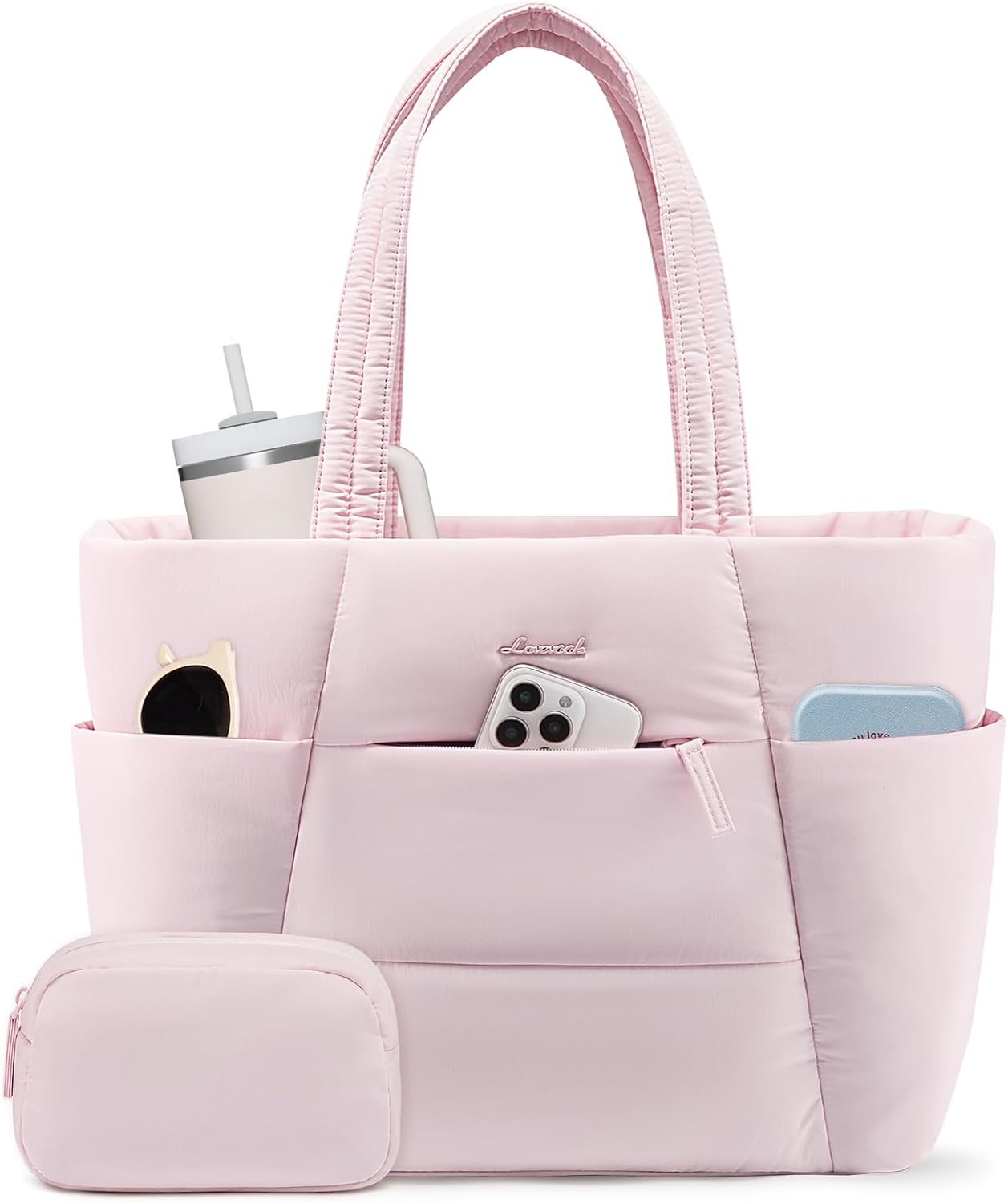 Puffer Tote Bag with 40oz Cup Holder Laptop Work Bag for Women | Lightweight Puffy Bag,Shoulder Bag for Teacher/Nurse,Includes Cosmetic Pouch,Everyday Carry & Travel Ready