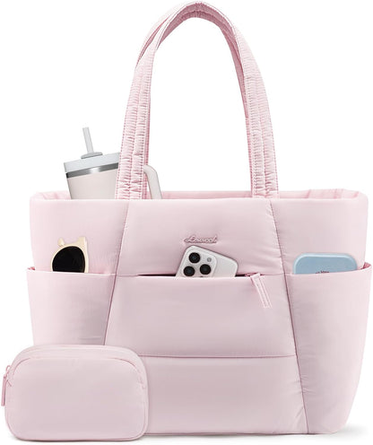 Puffer Tote Bag with 40oz Cup Holder Laptop Work Bag for Women | Lightweight Puffy Bag,Shoulder Bag for Teacher/Nurse,Includes Cosmetic Pouch,Everyday Carry & Travel Ready