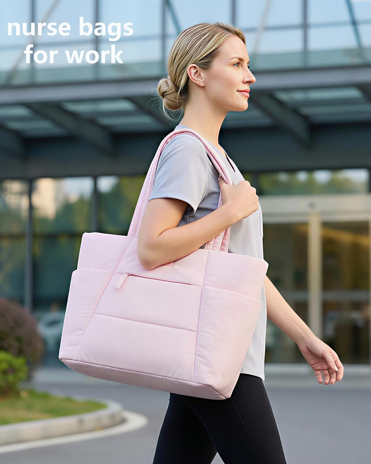 Puffer Tote Bag with 40oz Cup Holder Laptop Work Bag for Women | Lightweight Puffy Bag,Shoulder Bag for Teacher/Nurse,Includes Cosmetic Pouch,Everyday Carry & Travel Ready