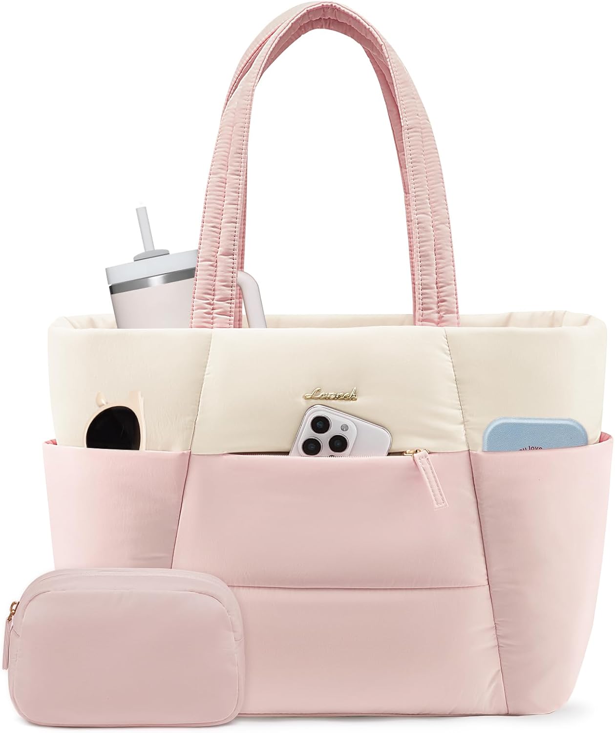 Puffer Tote Bag with 40oz Cup Holder Laptop Work Bag for Women | Lightweight Puffy Bag,Shoulder Bag for Teacher/Nurse,Includes Cosmetic Pouch,Everyday Carry & Travel Ready