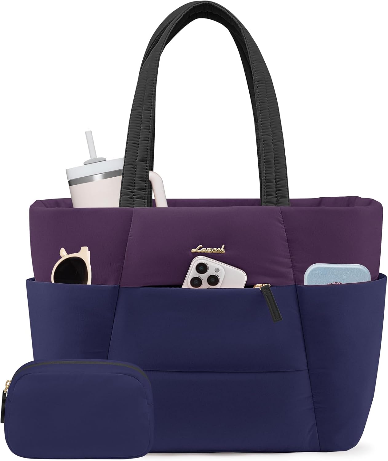 Puffer Tote Bag with 40oz Cup Holder Laptop Work Bag for Women | Lightweight Puffy Bag,Shoulder Bag for Teacher/Nurse,Includes Cosmetic Pouch,Everyday Carry & Travel Ready
