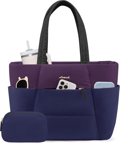 Puffer Tote Bag with 40oz Cup Holder Laptop Work Bag for Women | Lightweight Puffy Bag,Shoulder Bag for Teacher/Nurse,Includes Cosmetic Pouch,Everyday Carry & Travel Ready