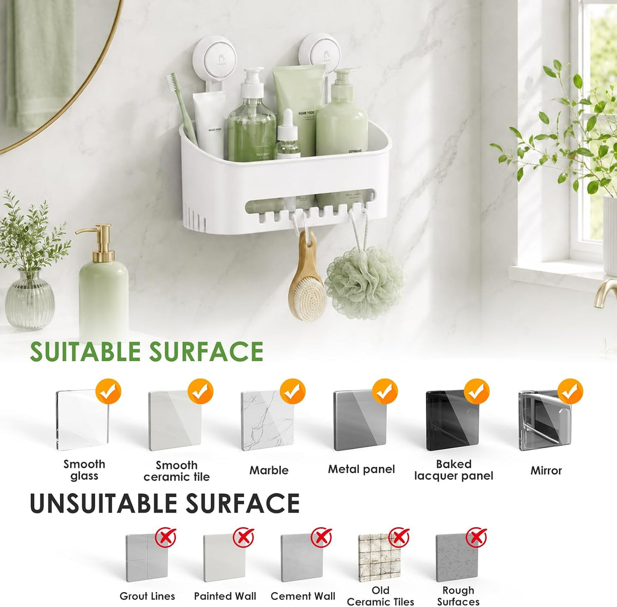 Shower Caddy Suction Cup NO-Drilling Removable Bathroom Shower Shelf Powerful Shower Organizer Basket Waterproof & Oilproof Wall Mounted Storage Rack for Bathroom&Kitchen
