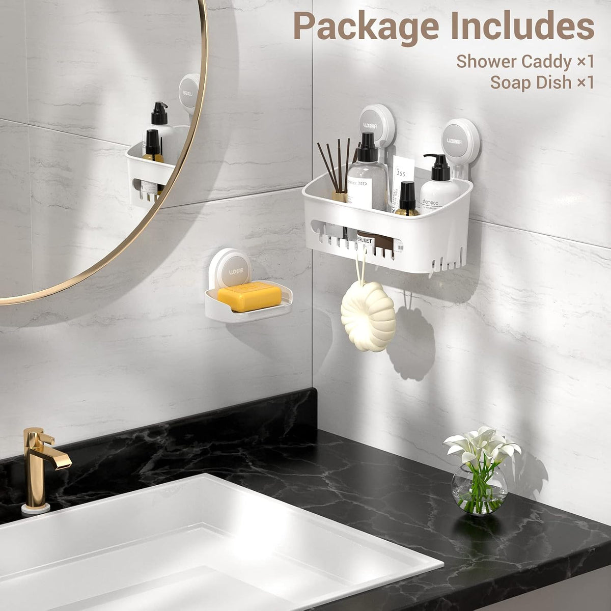 Shower Caddy Suction Cup NO-Drilling Removable Bathroom Shower Shelf Powerful Shower Organizer Basket Waterproof & Oilproof Wall Mounted Storage Rack for Bathroom&Kitchen