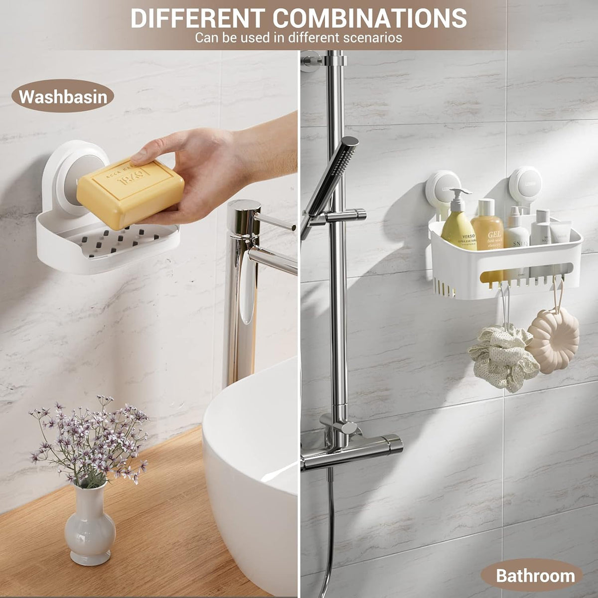 Shower Caddy Suction Cup NO-Drilling Removable Bathroom Shower Shelf Powerful Shower Organizer Basket Waterproof & Oilproof Wall Mounted Storage Rack for Bathroom&Kitchen