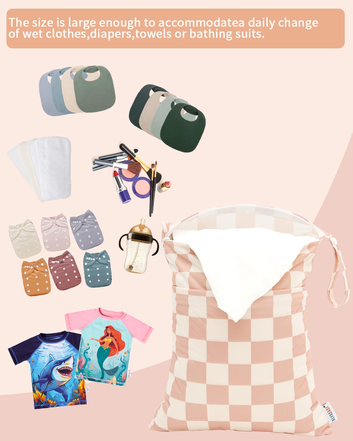 3 Pcs Cloth Diaper Wet Dry Bags Waterproof Reusable with Two Zippered Pockets Travel Beach Pool Daycare Soiled Baby Items Yoga Gym Bag for Swimsuits or Wet Clothes Small Medium Large - Colors A