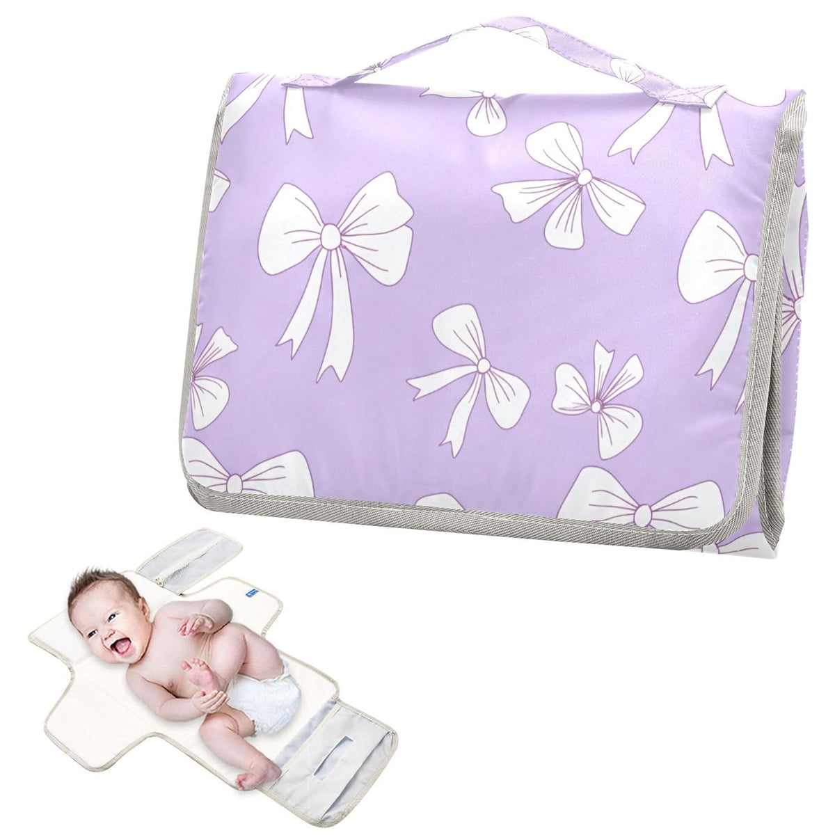 White Bow Purple Background Portable Diaper Changing Pad for Baby, Waterproof & Foldable Changing Mat, Soft & Comfortable with Wipes Pocket, Baby Essentials